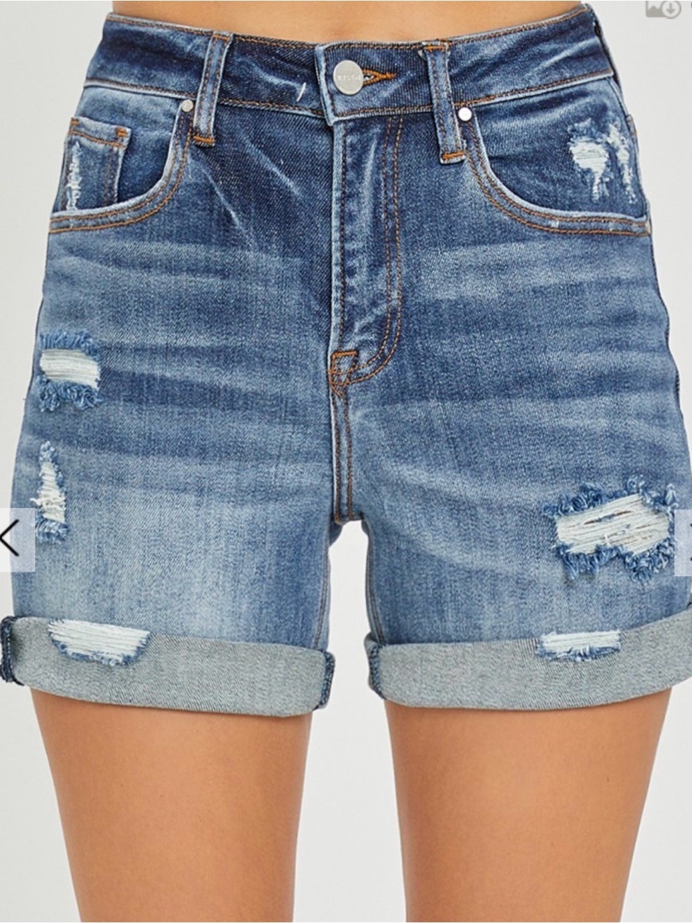 High-Rise Distressed Rolled Hem Denim Shorts - Blue